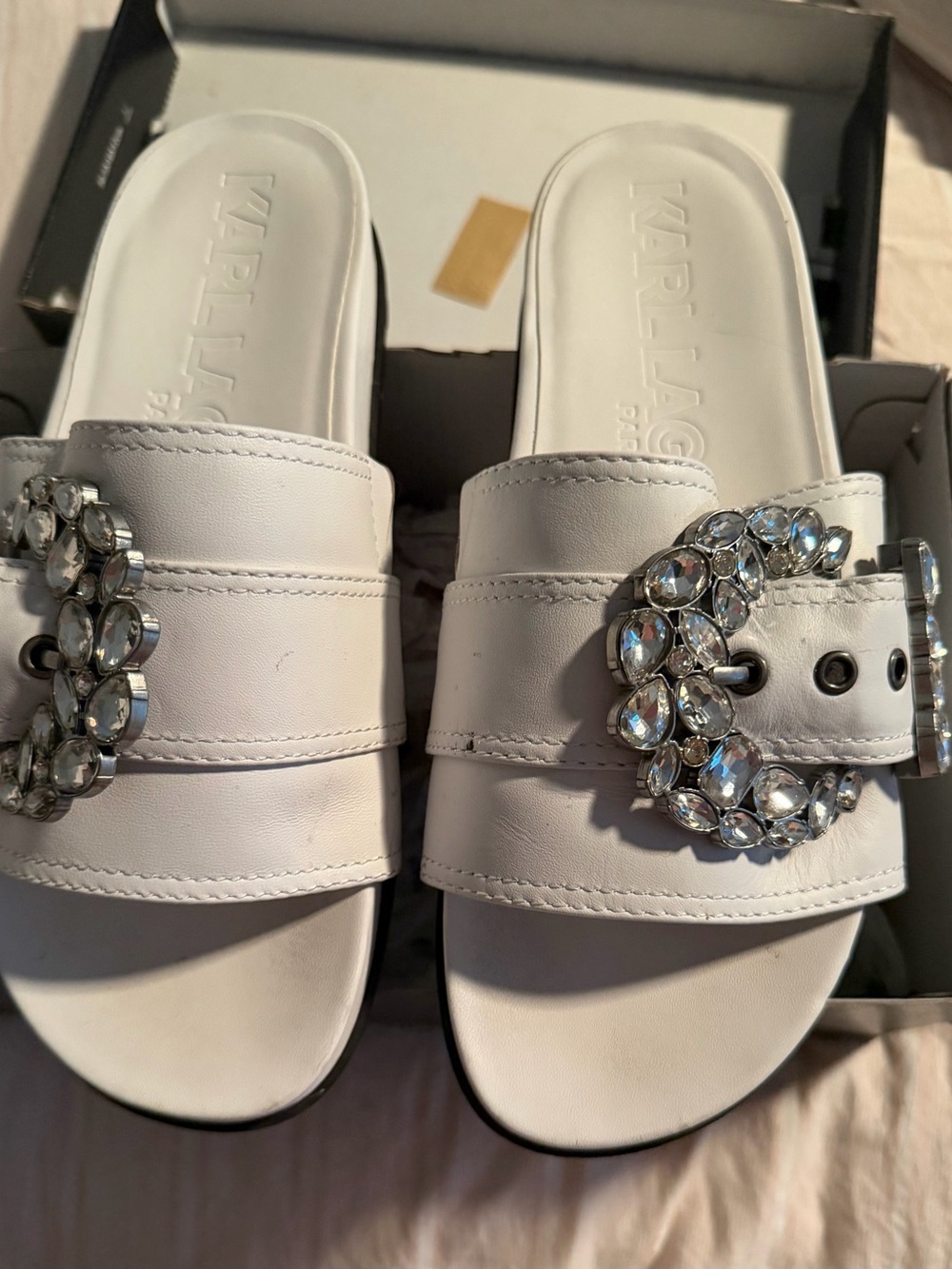 Karl Lagerfeld White Crystal Buckle Slide Sandals